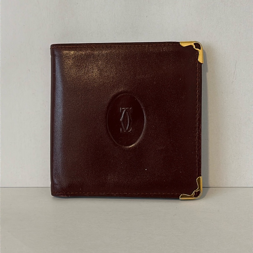 19 Cartier Mastline Bi-Fold Wallet Leather Bordeaux Wine Red Authentic Pre-loved